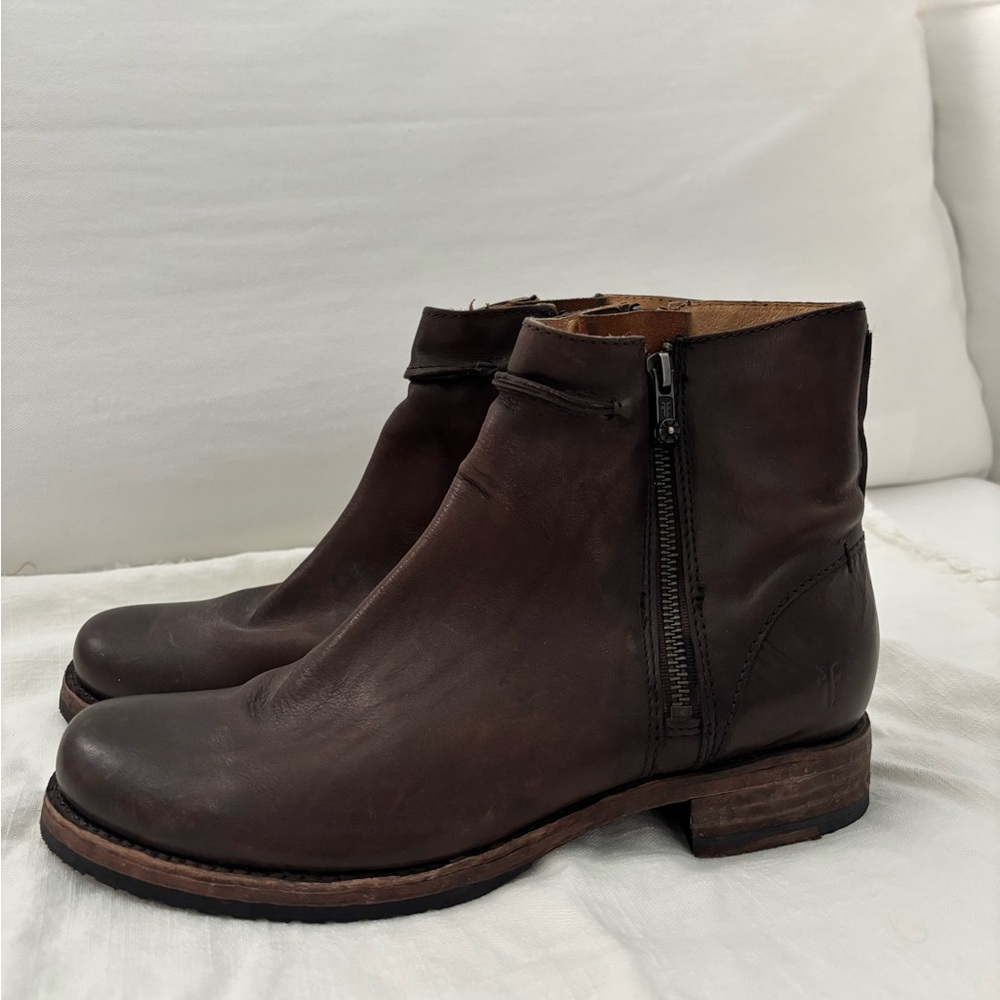 Frye Dark Brown Leather Zipper Boots